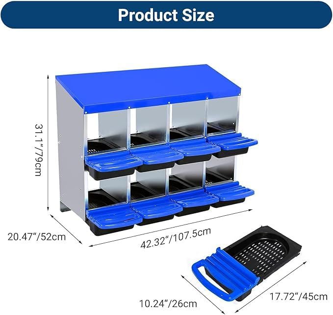 Chicken Nesting Box, 8-Compartment Egg Laying Box, Convenient for Collecting Eggs, Ventilated Poultry House Equipment in Metal Chicken Coop, Suitable for Hens and Ducks, (Blue, Without Stand)