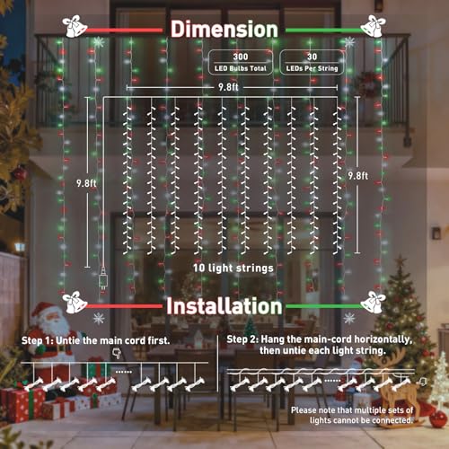 300LED Red White and Green Christmas Curtain Lights with Remote (9.8 Foot)