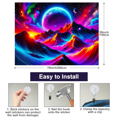 Blacklight Tapestry Mountain Galaxy UV Wall Art 78 x 59 Inch