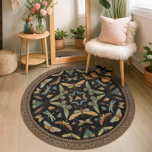 Black Boho 4ft Round Small Rugs for Entryway Non Slip (16 Sq Ft)