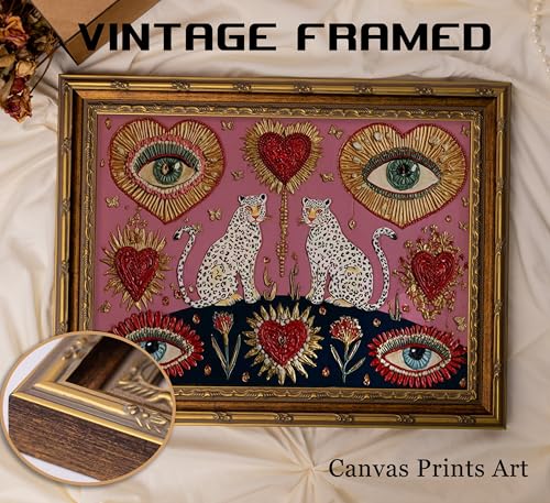 Vintage Gold Framed Gothic Leopard Wall Art Boho Witchy Psychedelic Eye Heart Canvas Prints Pink Cheetah Poster Mystical Jungle Animal Painting Picture Artwork for Bedroom Living Room Decoration