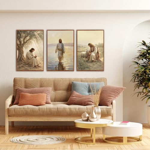 KAlRNE Jesus sheep Large Wall Art Christian Framed Print Set (3 Count)