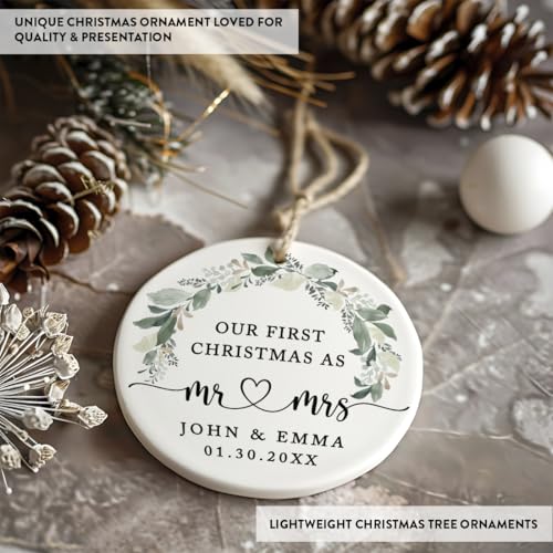 Personalized Our First Christmas As Mr. & Mrs. 2026 Christmas Ornaments Foliage Wreath 2.8" Round Porcelain Ceramic 1st Year Married Custom Ornament Keepsake for Newlyweds 1