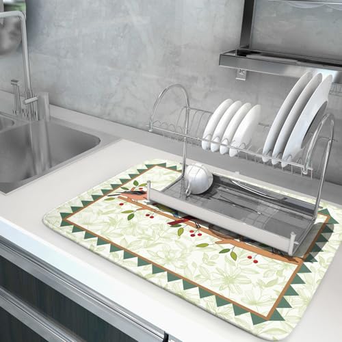 Spring Dish Drying Mat for Kitchen Counter Cute Bird Summer Super Absorbent Reversible Microfiber Kitchen Countertop Protector Dishes Pad Large 18x24 inch