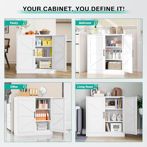 White Storage Cabinet with Doors and Adjustable Shelves