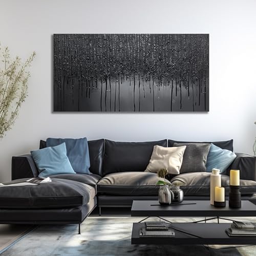 Black Hand Painted Wall Art for Office Abstract Wall Decor for Living Room Big Wall Art for Bedroom Men Size 29 x 58 Inch