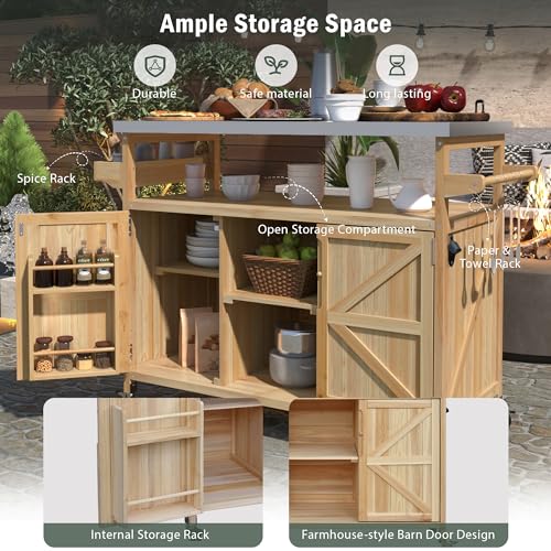 50.25" Outdoor Kitchen Island with Rolling Bar Cart & Storage Cabinet