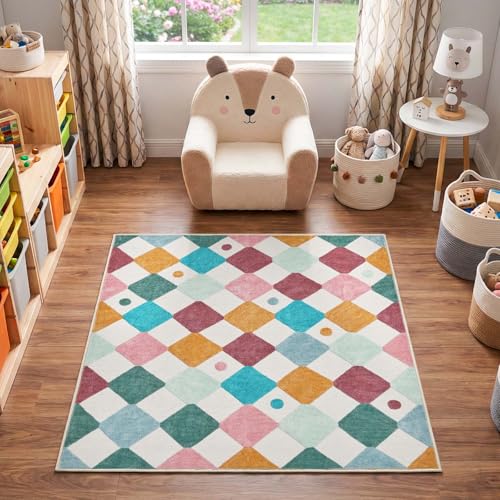 4x4 Square Nursery Rug Washable Kids Rug Colorful Play Mat Confetti (16 Sq Ft)