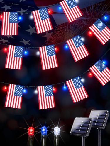 4th of July Decorations 2 Pack 100 LED Solar American Flag Lights Outdoor (2 Count)