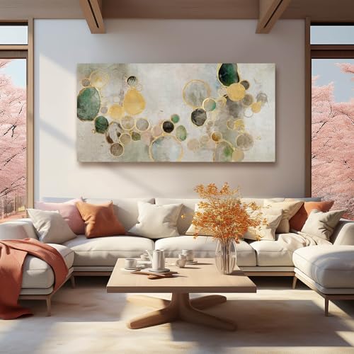 Large Abstract Canvas Wall Art Green and Gold Decorative Painting 29"x58" Picture Prints Colorful Canvas Wall Art for Kitchen Office Bedroom