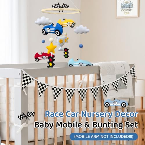 Race Car Baby Crib Mobile with 11 ft Pennant Banner Flags Handmade