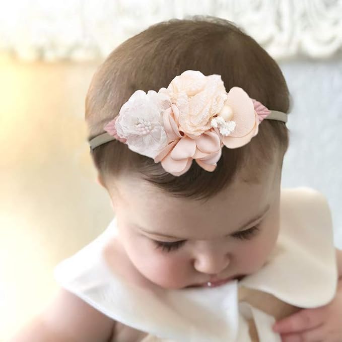 Baby Girl Nylon Headbands Flower Hair Bows Accessories-Elastic Hair Band Crown Handmade FLoral Wraps Birthday Gifts for Girls Newborn Infant Toddler 3Pcs