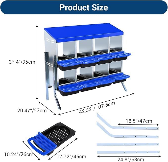 Chicken Nesting Box, 8-Compartment Egg Laying Box, Convenient for Collecting Eggs, Ventilated Poultry House Equipment in Metal Chicken Coop, Suitable for Hens and Ducks, (Blue, with Stand)