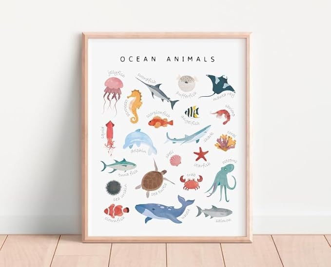 OZCONO Ocean Animals Learning Poster, Vibrant Sea Life Chart Kids, Preschool Wall Decor Art, Homeschool Education Guide (Unframed) (27x40)