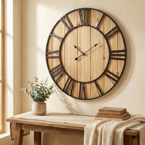 Large Farmhouse Wall Clock 30 Inch Vintage Brown Wooden Wall Clock with Quiet Ticking and Minimalist Roman Numerals for Bedroom Living Room Office Kitchen Home Decor