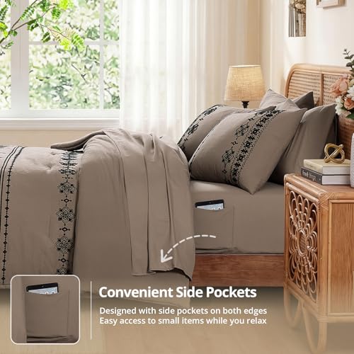 Queen Comforter Set Embroidery Floral 7 Pieces Bed in a Bag