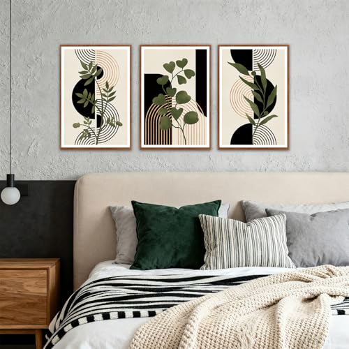 KAlRNE Boho Sage Green Decor Botanical Framed Line Wall Art Set (3 Count)