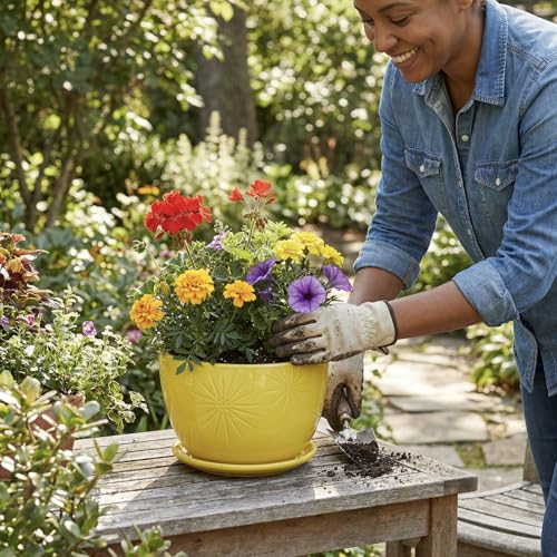 7 Inch Yellow Ceramic Planter Pot with Sunburst Design & Saucer