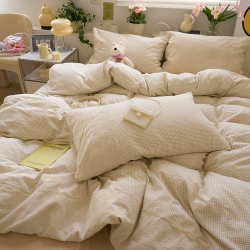 Tan Gingham Comforter Set King Romantic Lace Bedding Beige Plaid Comforter Set Vintage Grid Checkered Pattern Comforter with 2 Pillowcases Farmhouse Taupe Plaid Gingham Bedding Set