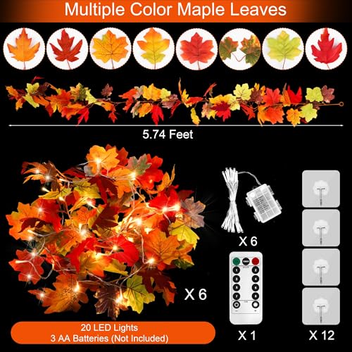 6 Pack 5.74 Feet Each Maple Leaves Garlands with 8 Lighting Modes LED String Lights Artificial Maple Leaf Fall Decorations for Home Indoor Outdoor Thanksgiving Halloween Decor (6 Count)