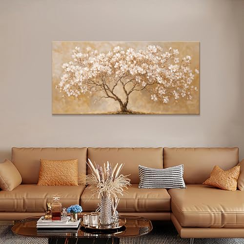 Large Canvas Wall Art Decor Beige Magnolia Tree of Life Canvas Art Wall Decor For Living Room White Flower Wall Art Decor Modern Tree Botanical Canvas Prints Decor For Bedroom Home Office 24"×48"