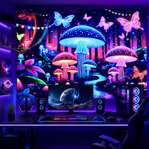 Blacklight Tapestry Butterfly Mushroom Wall Art 78 x 59 Inch
