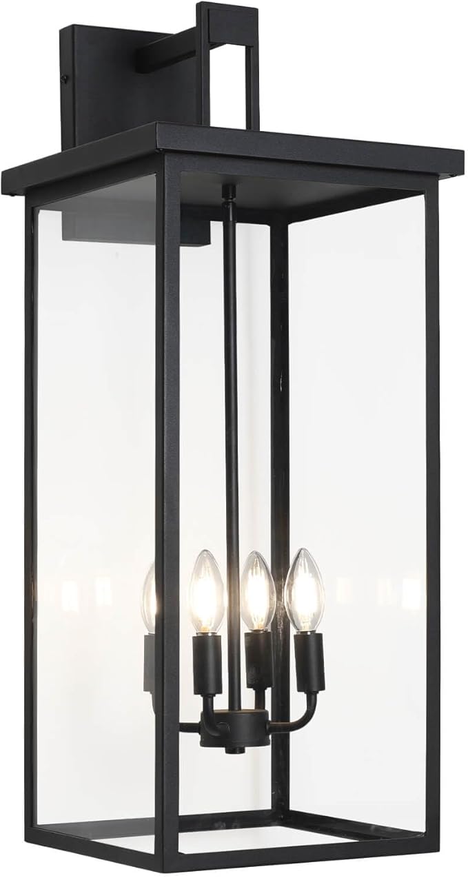 tewei 30In Large Size Square Outdoor Wall Lantern, Modern Black Outside Light