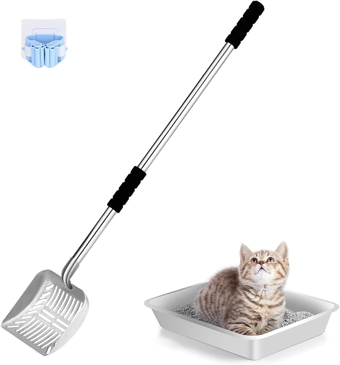 Cat Litter Spoon Metal Removable Stainless Steel Long Handle Cat Litter Screen Non-Stick Coated with Adjustable Handle and Soft Grip Heavy Duty Pet Cat Litter Shovel with 1 Pcs Hook