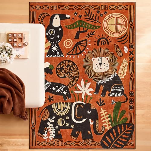 5x7 Cute Area Rug Kids Washable Fun Rug Terracotta Boho Jungle Mat (35 Sq Ft)