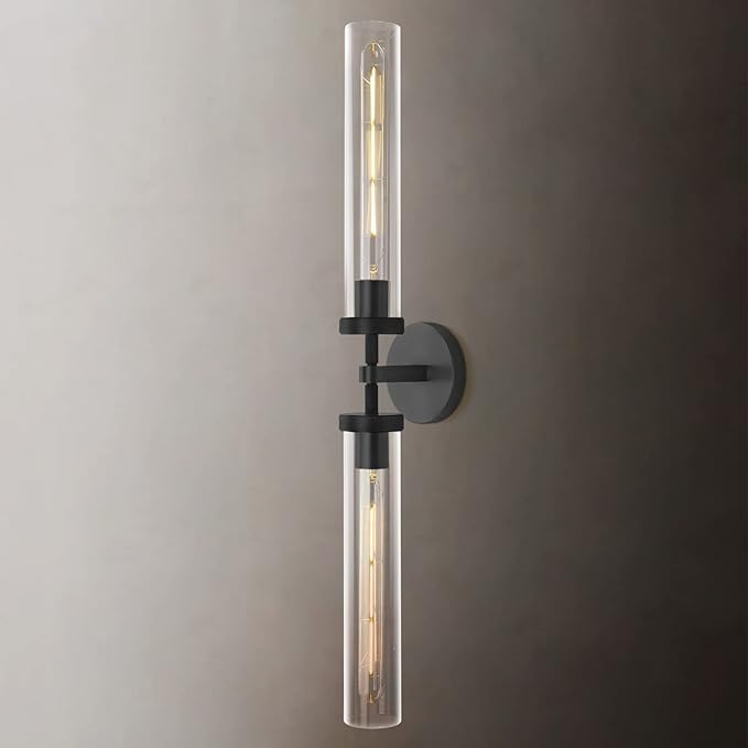 Modern 2-Light Black 30in Knurled Wall Sconces, Double Glass Sconces Wall