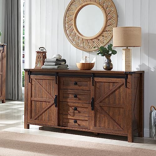 60 Inch Farmhouse Dresser with 4 Drawers and Sliding Barn Doors