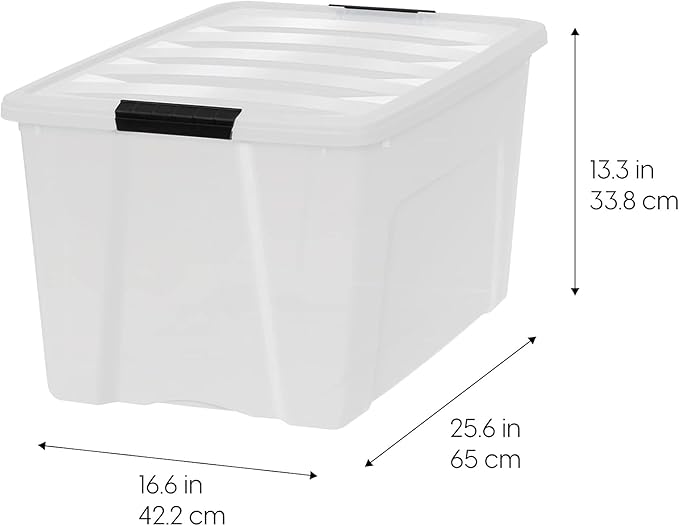 IRIS USA 72 QT Plastic Storage Box with Lid and Latches - 4 Pack - BPA-Free, Discreet Organizing Solution, Durable Nestable Stackable Containers, Secure Pull Handle - Pearl