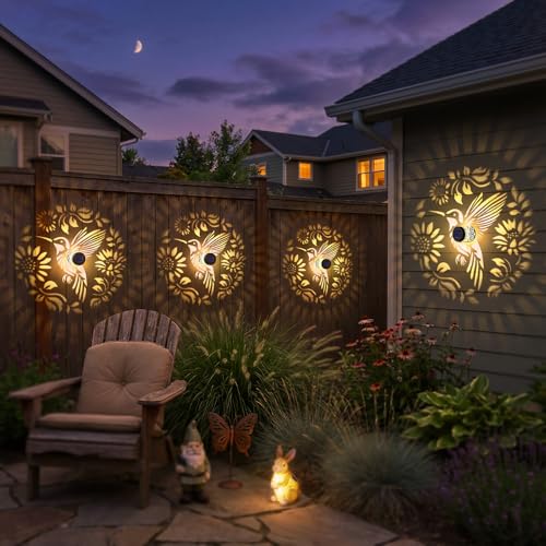 2 Pack Solar Fence Lights Metal Solar Powered Outdoor Wall Deck Step Lights Hummingbird Floral Theme Waterproof Fence Light for Garden Post Patio Backyard Yard Decor (2 Count)