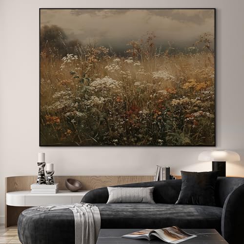 46"x60" Extra Large Framed Wall Art Autumn Meadow Landscape Rustic Brown and Golden Field Illustration for Home Living Room Bedroom Decor