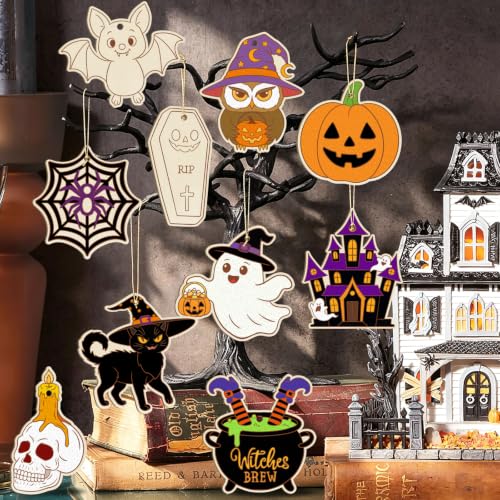80PCS Wooden Halloween Ornaments to Paint Fall Decorations Crafts for Kids