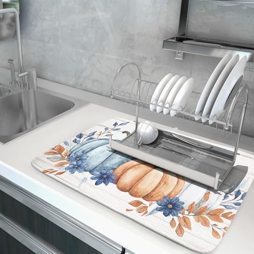 Fall Dish Drying Mat for Kitchen Counter Farmhouse Pumpkin Super Absorbent Reversible Microfiber Kitchen Countertop Protector Dishes Pad Large 18x24 inch
