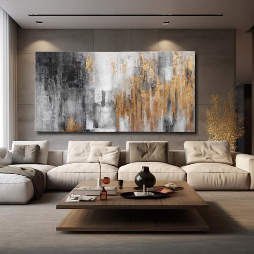 Abstract Canvas Wall Art with Gold Foil Modern Black Oil Paintings Graffiti Wall Art for Living Room Bedroom Kitchen Office Wall Decorations 30" x 60"