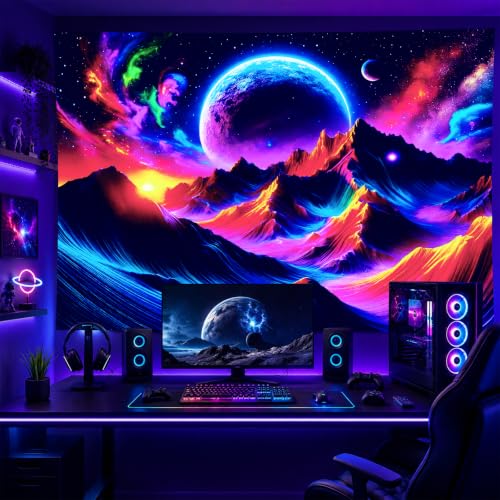 Blacklight Tapestry Mountain Galaxy UV Wall Art 78 x 59 Inch
