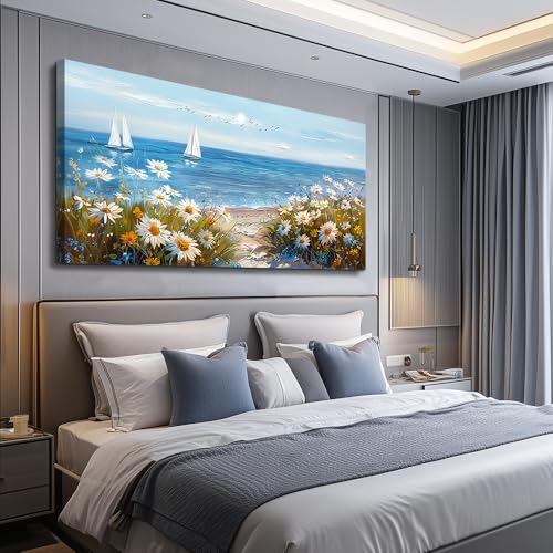 Large Blue Ocean Landscape Canvas Printing Picture Wall Art For Living Room Farmhouse Dinin Mural White Flowers Bedroom Office Wall Decor Home Decor Painting Easy To Hang 30x60 Inches