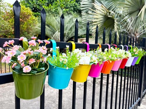 10 Pack 6" Colorful Metal Hanging Railing Planters with Detachable Hooks (10 Count)