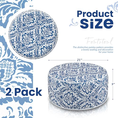 2 Pcs Inflatable Outdoor Ottoman Pouf Waterproof Round Footrest with Handle D21 x H9 Inch Indoor Outdoor Portable Footstool for Patio Garden Camping or Home Pool (2 Count)
