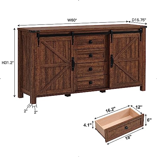 60 Inch Farmhouse Dresser with 4 Drawers and Sliding Barn Doors