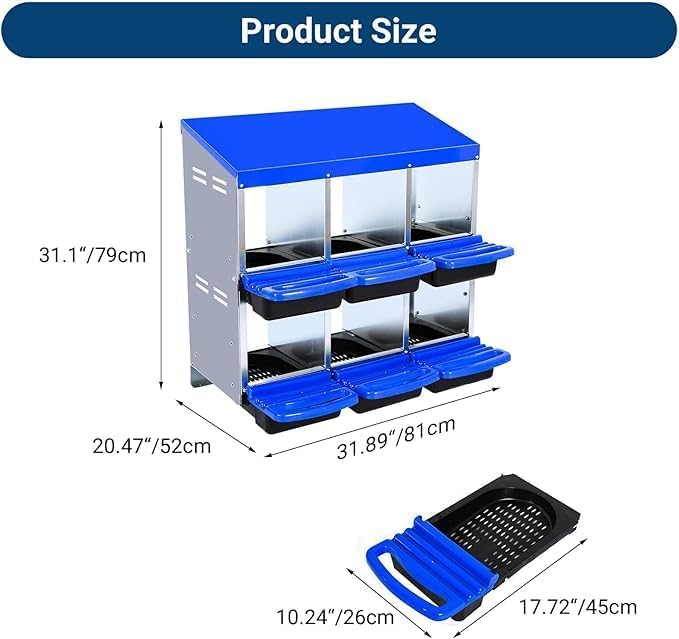 [6-Pack] Chicken Nesting Boxes for Hens - Galvanized Steel Wall Mount or Freestanding Chicken Nest, Removable Plastic Egg Tray & Ventilation Holes - Poultry Nesting Boxes for Egg Laying (Blue)