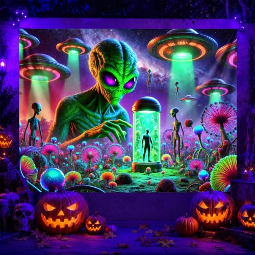 Blacklight Tapestry Alien UFO UV Wall Art 78 x 59 Inch