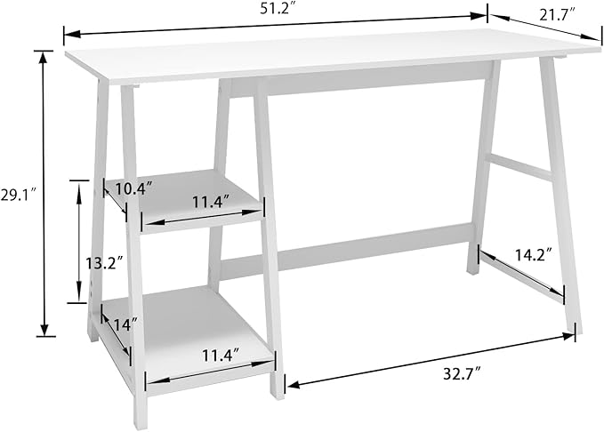 Natwind 51" White Desk with 2-Tier Storage Shelves,Home Office Computer Desk, Study Table for Kids Student Girls,Writing Desk,Modern Simple Basic Desk Workstation for Bedroom Home Office