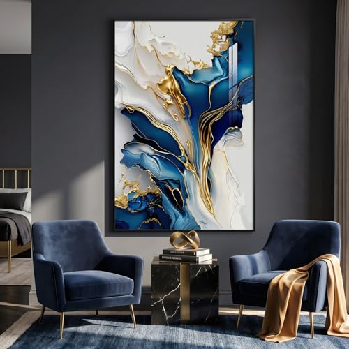 Extra Large Framed Blue White and Gold Abstract Wall Art