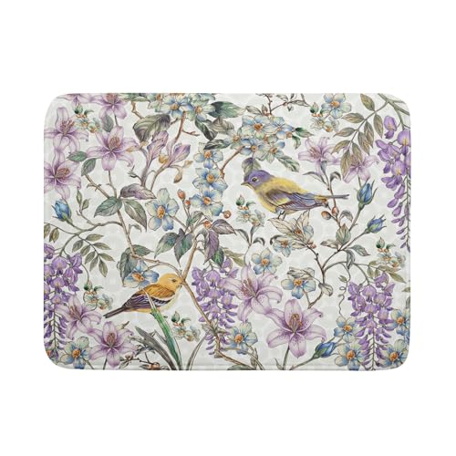 Spring Summer Dish Drying Mat for Kitchen Counter Cute Bird Purple Flower Super Absorbent Reversible Microfiber Kitchen Countertop Protector Dishes Pad Large 18x24 inch