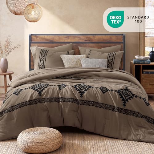 Embroidery Queen Comforter Set 7 Pieces Taupe Grey Bed in a Bag