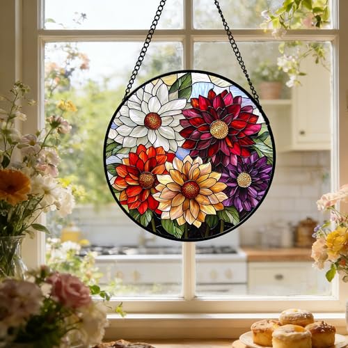 Stained Glass Window Hanging Color Dahlia Suncatcher Gifts for Women 6.3"
