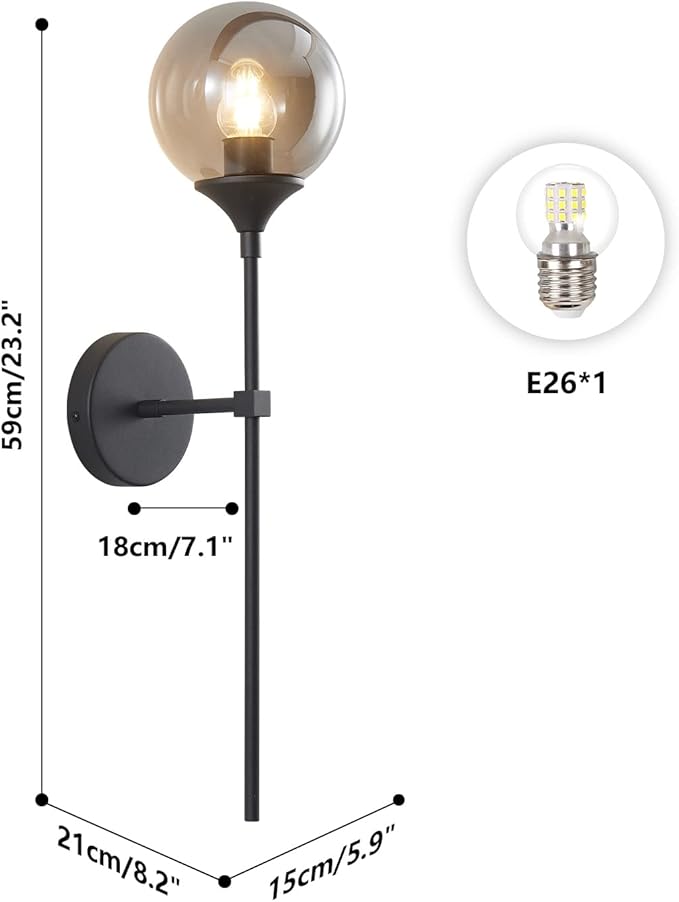 KCO Lighting Modern Smoke Grey Glass Globe Wall Sconce Black Matte Slim Wall